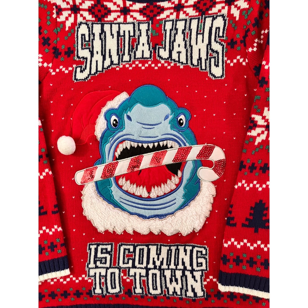 33 Degrees Santa Jaws Ugly Christmas Sweater Womens L Red Sequin Shark Excellent